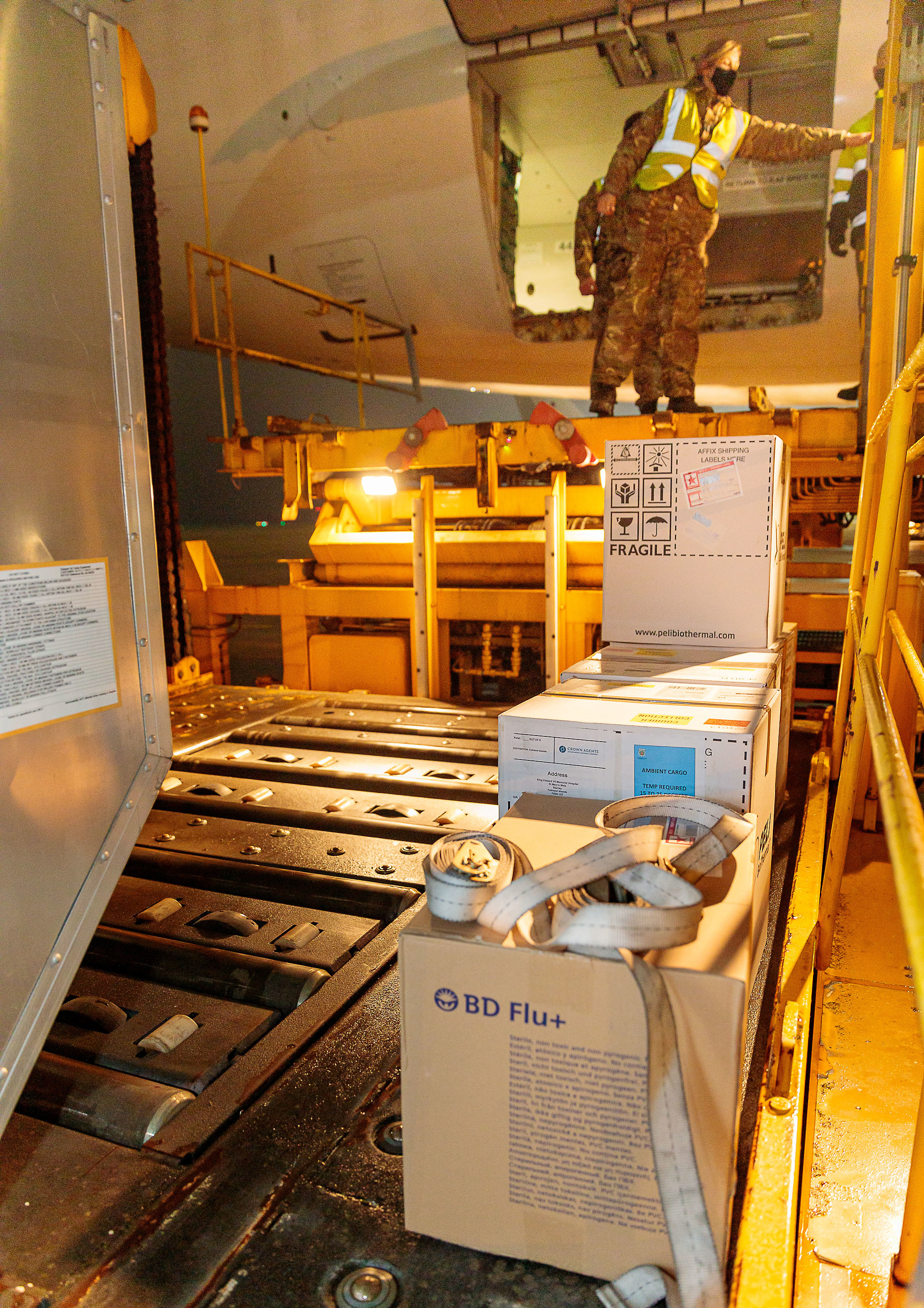 Vital delivery of 3,000 doses of Oxford-AstraZeneca vaccine is flown to the Falklands from RAF Brize Norton Picture: MOD