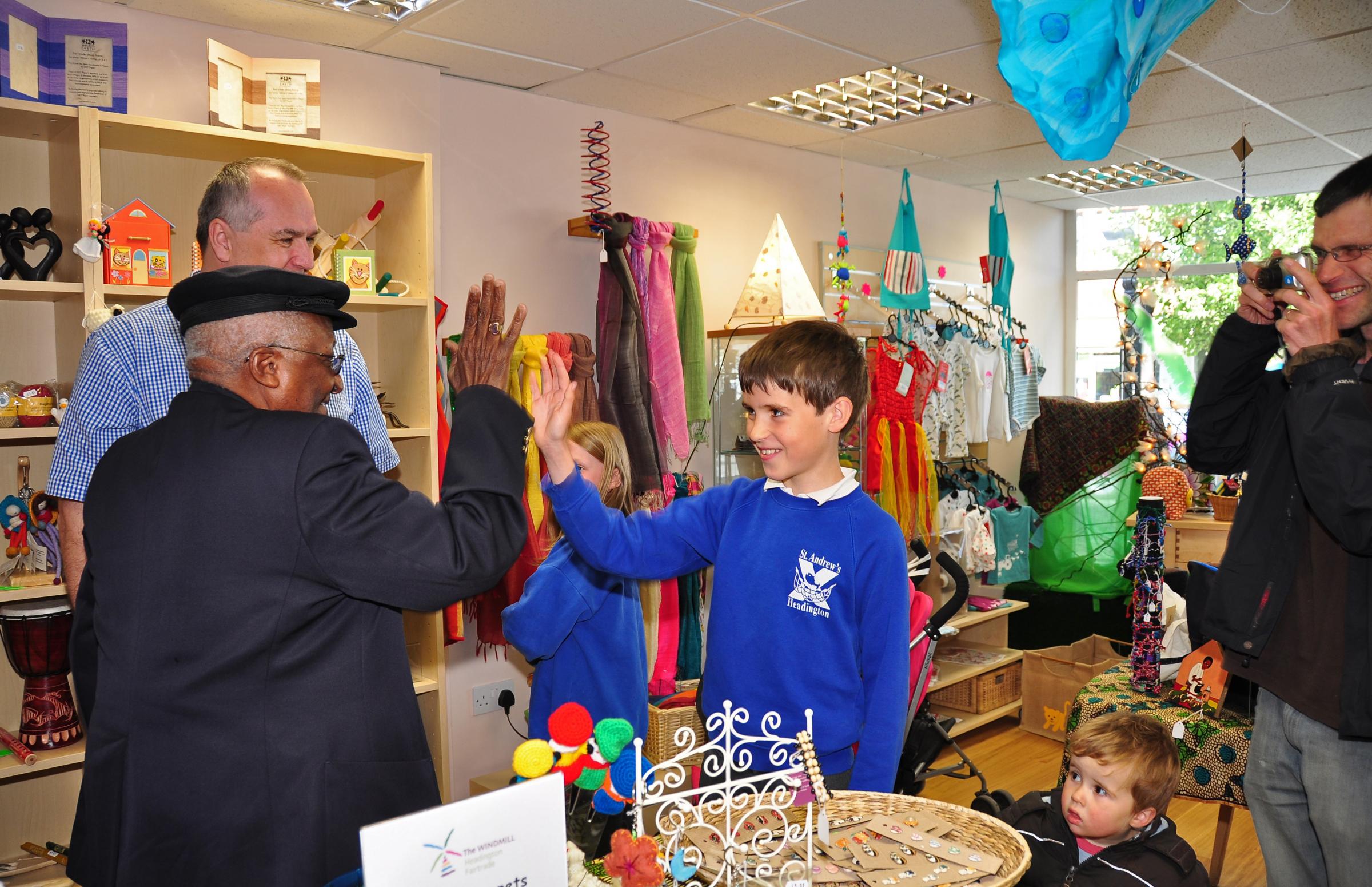 Desmond Tutu visits the Windmill Fairtrade Shop, Headington, in 2010 Picture: Margaret Stranks/Windmill Fairtrade Shop